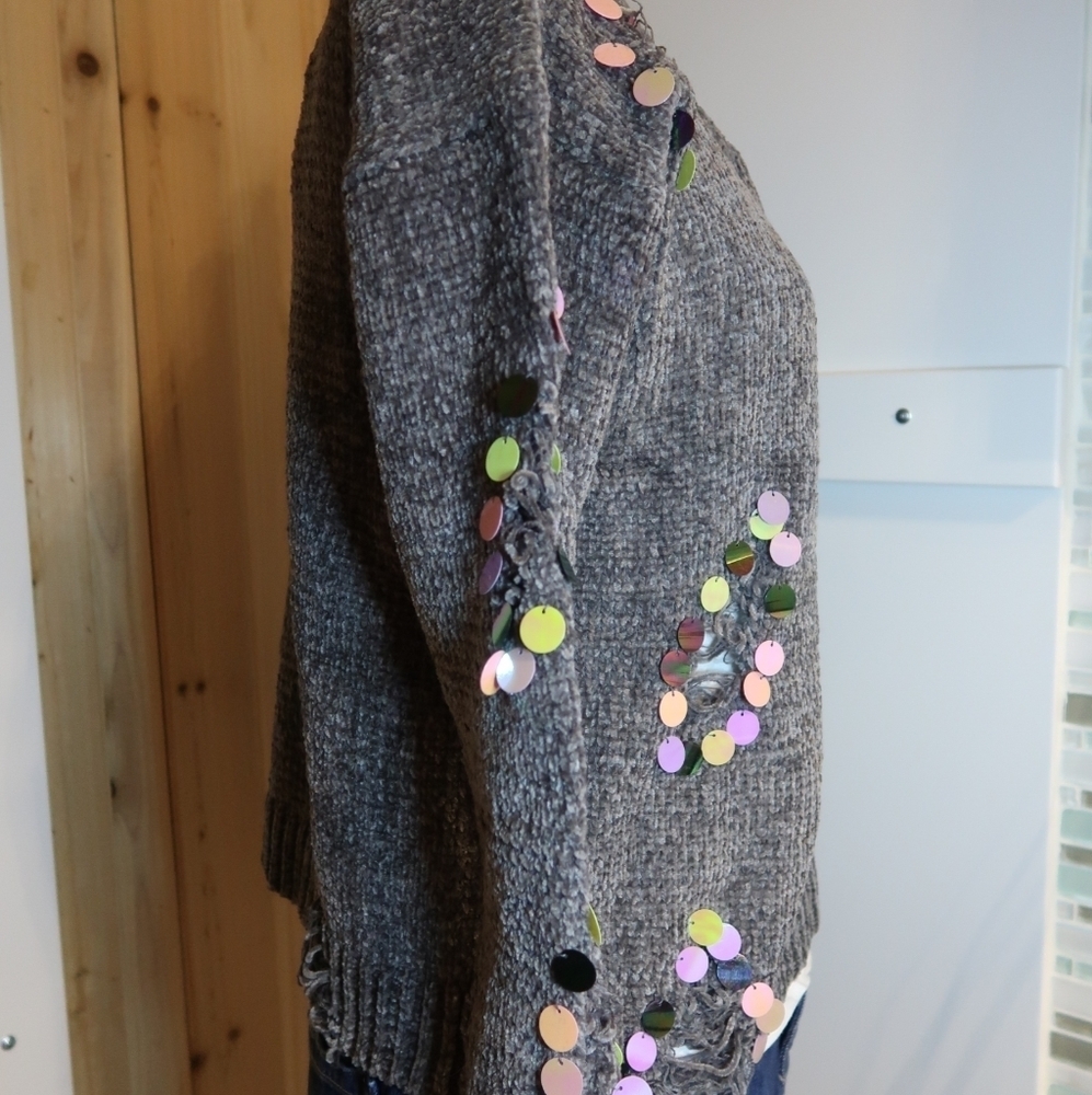 Charcoal Gray Sequin Distressed Sweater Embellished Knit S/M M/L - Picture 6 of 7